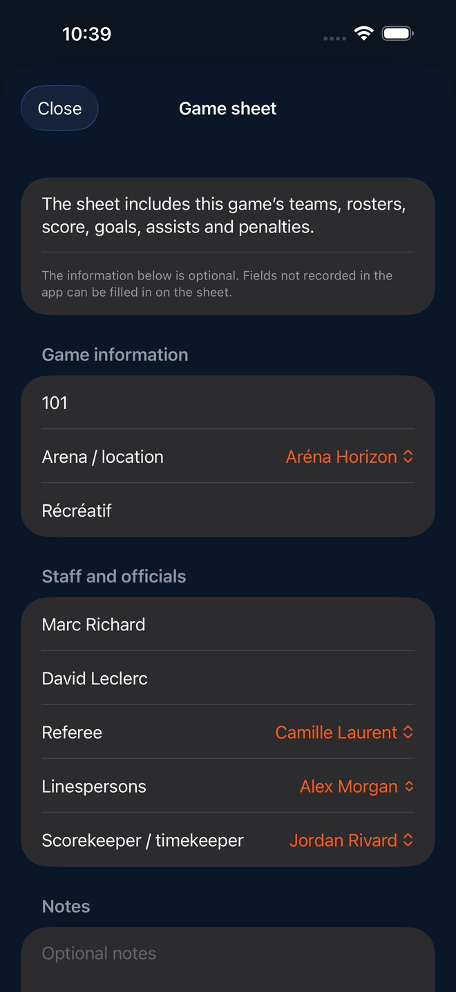 The game sheet